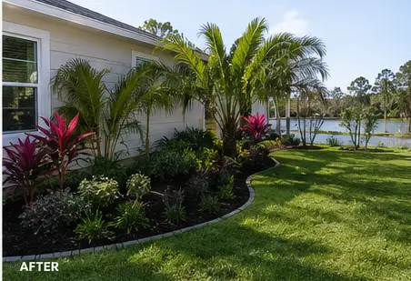 Same side yard after tropical landscape installation