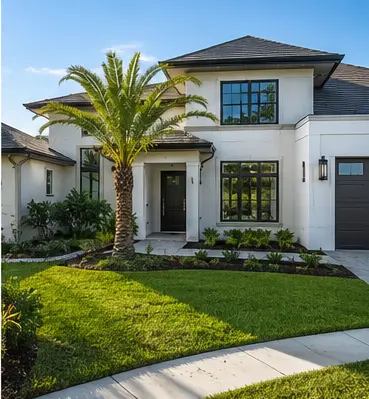 Modern Florida residence with palm and front landscape