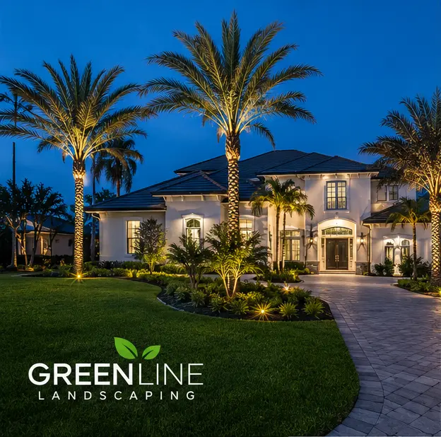 Luxury residence and illuminated palm landscape at twilight