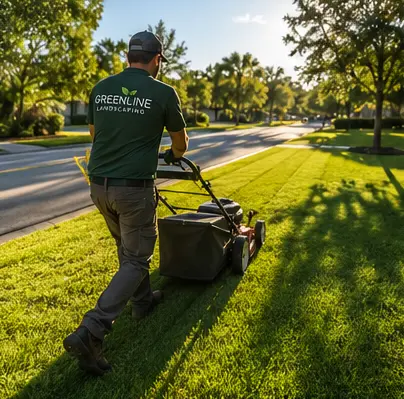 GREENLINE team member mowing a manicured Jacksonville lawn