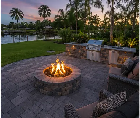 Outdoor living space with fire pit and kitchen