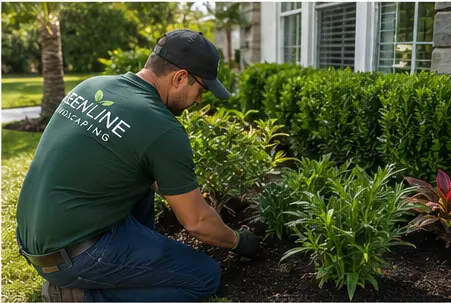 GREENLINE landscaper working by hand in a residential planting bed