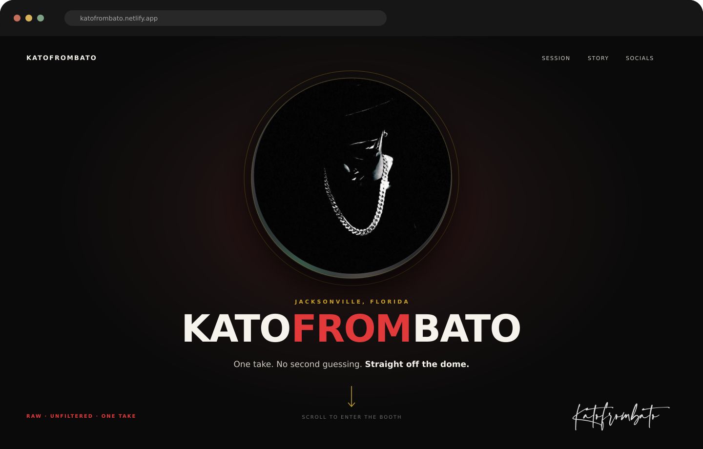 KatoFromBato artist website with a dark portrait-led hero and red typography