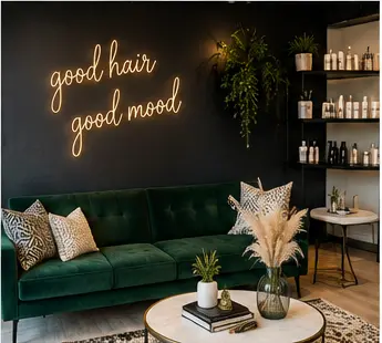 VIVID salon lounge with the phrase good hair good mood