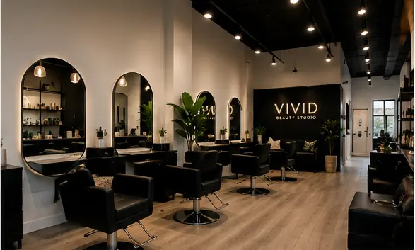Wide VIVID salon interior with black chairs, warm wood, mirrors and plants