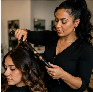 VIVID stylist curling a client's hair during an appointment